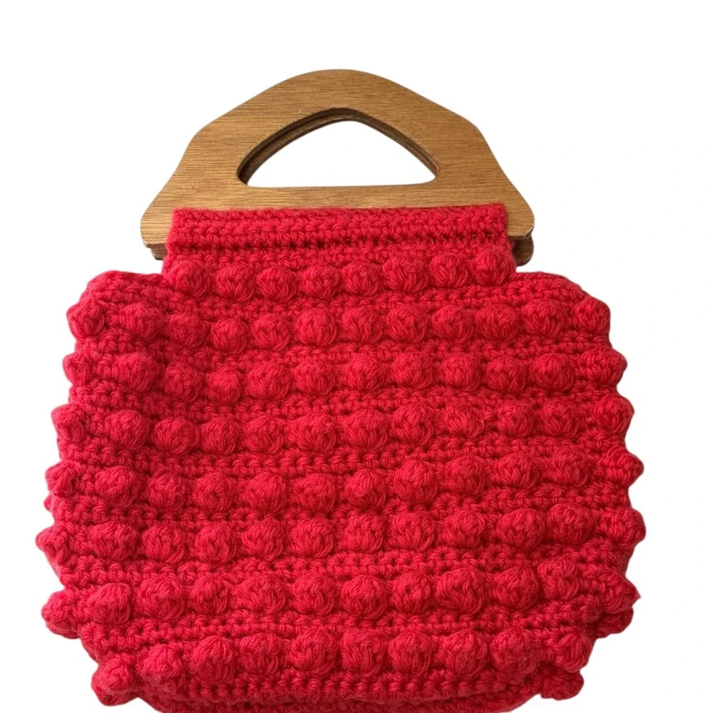 Handmade Red Crochet Bobble Bag Wooden‎ Handle Cottagecore Boho Statement Purse